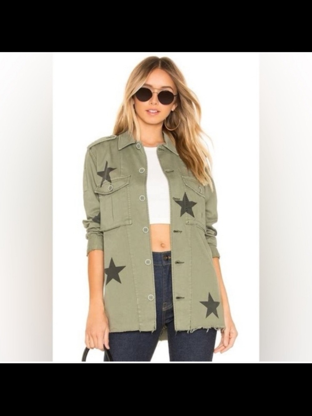 pistola Olive Green Military Utility Jacket with Black Star Print